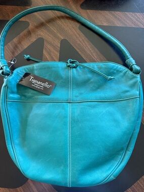 Tignanello Turquoise Leather Shoulder Bag | Soft Pebbled Leather Everyday Tote |